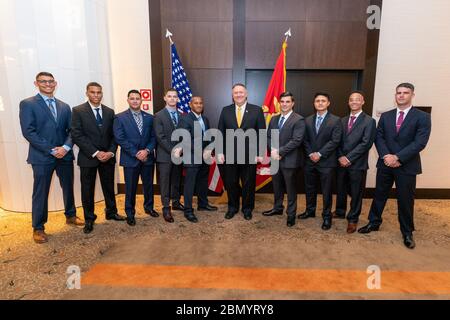 Secretary Pompeo Meets with Marine Security Guards at U.S. Embassy Luanda U.S. Secretary of State Michael R. Pompeo meets with Marine Security Guards at U.S. Embassy Luanda in Luanda, Angola, on February 17, 2020. Stock Photo