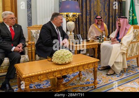 Secretary Pompeo Meets with the Custodian of Two Holy Mosques King Salman Secretary of State Michael R. Pompeo meets with the Custodian of Two Holy Mosques King Salman in Riyadh, Saudi Arabia, on February 20, 2020. Stock Photo