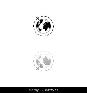 Around world. Black symbol on white background. Simple illustration. Flat Vector Icon. Mirror Reflection Shadow. Can be used in logo, web, mobile and Stock Vector