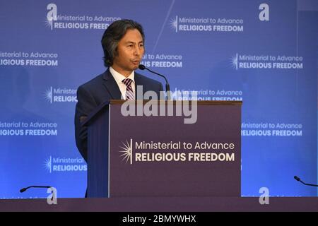 Tahir Hamut Delivers Remarks at the Ministerial to Advance Religious Freedom Tahir Hamut, a Uighur Muslim poet and filmmaker from China, delivers remarks at the Ministerial to Advance Religious Freedom at the U.S. Department of State in Washington, D.C. on July 24, 2018. Stock Photo