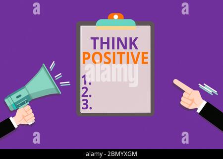 Conceptual hand writing showing Think Positive. Concept meaning The tendency to be positive or optimistic in attitude Hu analysis Hands Holding Megaph Stock Photo