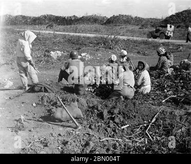 [ 1946 Japan - Okinawan Women ] —   Okinawan women taking a break from work, 1946 (Showa 21). In the back, an American military Jeep is visible. What appears to be an American soldier is sitting with the women.  20th century gelatin silver print. Stock Photo