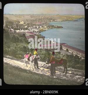 Constantinople Istanbul Golden Horn and Eyoub.  Eyüp Sultan Mosque  is situated in the Eyüp district of Istanbul, outside the city walls near the Golden Horn.Color (presumably hand colored) slide from around 1910. Photograph on dry glass plate from the Herry W. Schaefer collection. Stock Photo