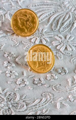 Vintage 1849-1953 LIberty Gold U.S. One Dollar Coins, United States Stock Photo