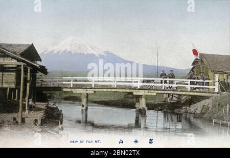 [ 1900s Japan - Mount Fuji along the Tokaido ] —   Mt. Fuji from a bridge along the Tokaido, sometime between 1900 (Meiji 33) and 1907 (Meiji 40).  Based on the shape of the mountain, this is somewhere between Numazu (沼津) and Yoshiwara (吉原) in Shizuoka Prefecture.  Numazu-juku (沼津宿) was the twelfth of the fifty-three stations of the Tokaido.  20th century vintage postcard.