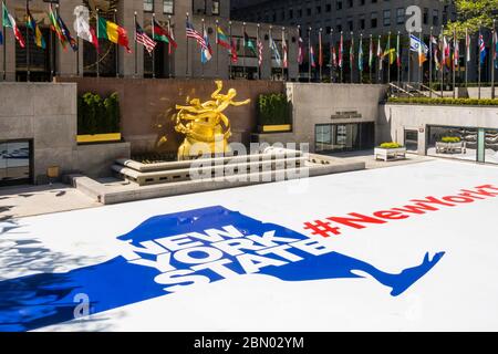 Rockefeller Center features a giant New York State emblem with #NewYorkTough sign because of the Coronavirus Pandemic, USA Stock Photo