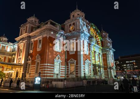 Festival of the Lights in Osaka. The winter illumination events, 3D projection mapping on Osaka City Central Public Hall Stock Photo