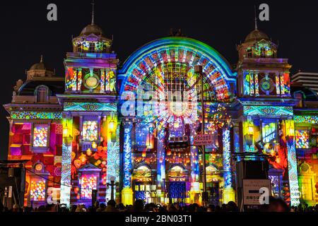 Festival of the Lights in Osaka. The winter illumination events, 3D projection mapping on Osaka City Central Public Hall Stock Photo