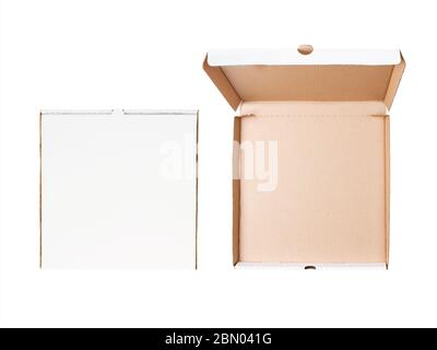 Open and closed empty pizza boxes set isolated on white background. Flat lay Stock Photo