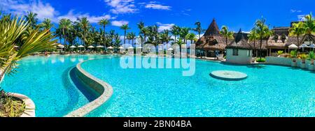 luxury 5 star resort territory with swimming pool and hotel rooms - Lux Bell mare resort . Mauritius island. Coastal Road, Belle Mare. 27.01.2020 Stock Photo