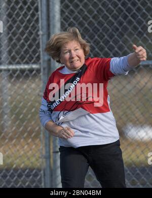 Senior Ladies Discus Throw competition. 60 year old age group Stock Photo