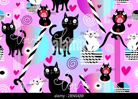 Seamless funny pattern of loving cats and hearts on a purple background. Template for cat lovers ' day. Stock Vector