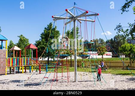 Playground with mast rope ladder climbing frame, Sopron, Hungary Stock Photo
