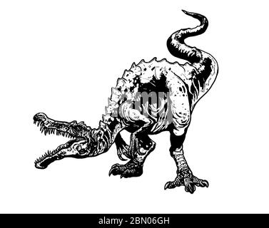 Carnivorous dinosaur - Baryonyx. Dino attack isolated drawing. Coloring page for kids and adults. Stock Photo