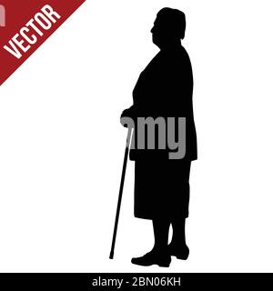 Silhouette of a elderly woman with cane on a white background, vector illustration Stock Vector