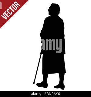 Silhouette of a elderly woman with cane on a white background, vector illustration Stock Vector