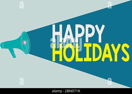 Handwriting text writing Happy Holidays. Conceptual photo Made a short journey by a group of showing for pleasure Halftone Megaphone Loudspeaker with Stock Photo