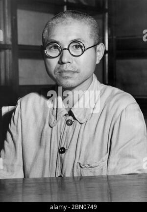 [ 1945 Japan - Japanese Politician Tsuyoshi Inukai ] —   Pre-war Japanese Communist leader and labor activist Shiro Mitamura (1896–1964) at Fuchu Prison in Tokyo on October 19, 1945.  Mitamura had been arrested in 1929 as part of the April 16 Incident , when thousands of suspected communists were arrested all over Japan. Some 300 members of the JCP were sentenced, including Mitamura.  After the war, Mitamura returned to labor activism. In 1946, he organized his own right-wing socialist group and took an anti-communist stance.  20th century gelatin silver print. Stock Photo