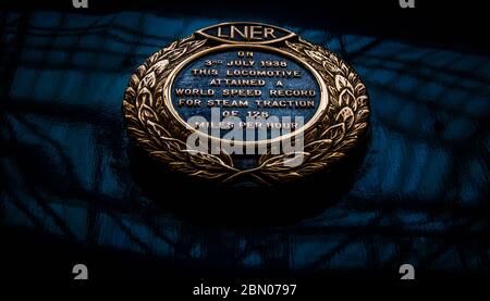 LNER Plaque on the side of Mallard, the Pacific Class A4 steam locomotive no 4468, to this day holder of the world's fastest steam powered vehicle Stock Photo