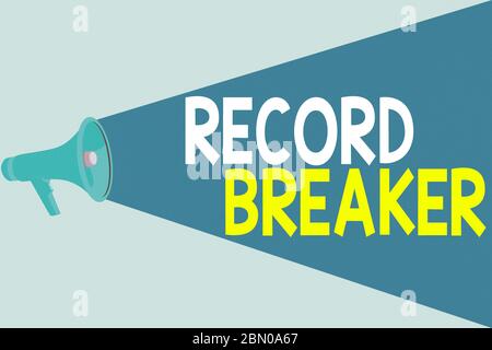 Handwriting text writing Record Breaker. Conceptual photo someone or something that beats previous best result Halftone Megaphone Loudspeaker with Vol Stock Photo