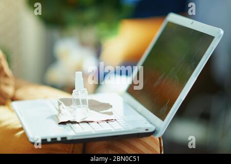 Closeup on dirty laptop, cleaning spray and cloth at modern home in sunny day. Stock Photo