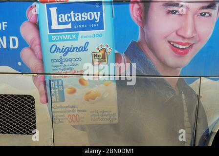 Advert for Lactasoy Soya Milk on side of bus, Yangon, Myanmar, Asia. Stock Photo