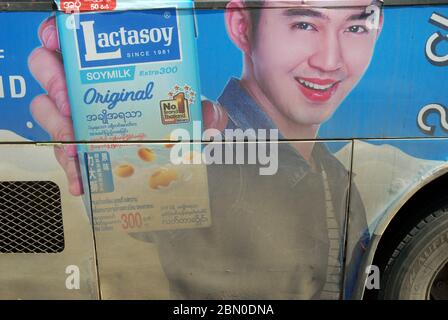 Advert for Lactasoy Soya Milk on side of bus, Yangon, Myanmar, Asia. Stock Photo