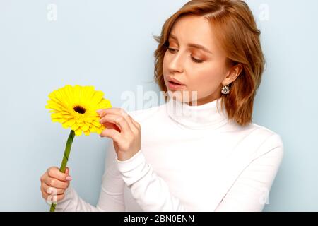 Young woman in white turtleneck holding and admires yellow gerbera flower, fingers touch the petals, isolated on blue background. Stock Photo