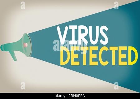 Handwriting text writing Virus Detected. Conceptual photo A computer program used to prevent and remove malware Halftone Megaphone Loudspeaker with Vo Stock Photo