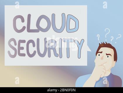 Text sign showing Cloud Security. Business photo text Protect the stored information safe Controlled technology Man Expressing Confused Hand on Mouth Stock Photo