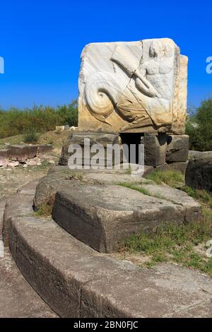 Carved relief, Large Harbour, Ancient Miletus, Turkey, Mediterranen Stock Photo