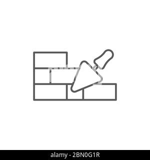 Trowel and brick wall vector icon symbol isolated on white background Stock Vector