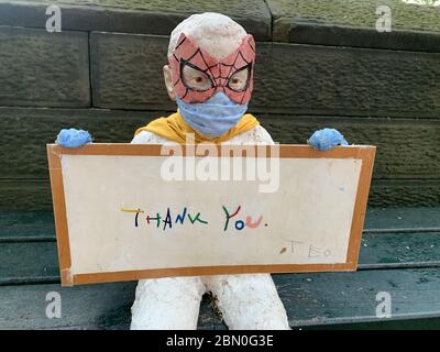 New York, New York, USA. 11th May, 2020. (NEW) Covid-19: A Ã¢â‚¬Å“Thank YouÃ¢â‚¬Â to health workers sculpture of Spider-Man boy . May 11, 2020, New York, USA: A sculpture of a boy in spider man outfit with a Ã¢â‚¬Å“Thank YouÃ¢â‚¬Â is placed in front of Mount Sinai Hospital on 5th Avenue, New York. It is a thank you gesture of a father and son in front of hospitals, groceries and essential businesses in New York City to show their importance. Credit: Niyi Fote /Thenews2. Credit: Niyi Fote/TheNEWS2/ZUMA Wire/Alamy Live News Stock Photo