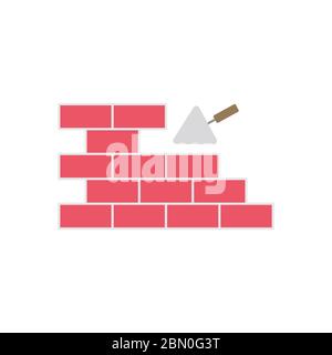 Trowel and brick wall vector icon symbol isolated on white background Stock Vector