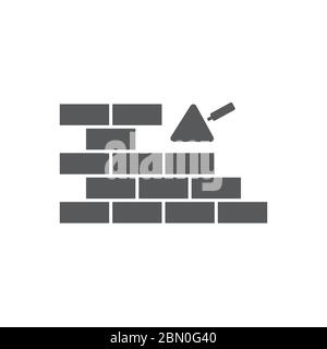 Trowel and brick wall vector icon symbol isolated on white background Stock Vector