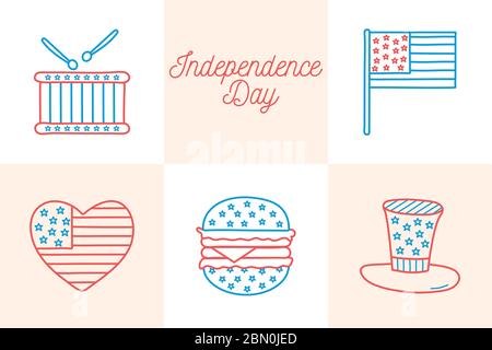 Independence day line and fill style icon set vector design Stock Vector