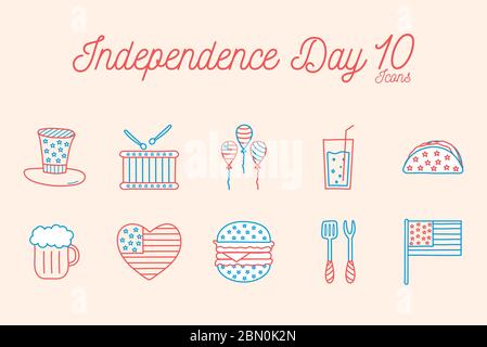 10 Independence day line and fill style icon set vector design Stock Vector