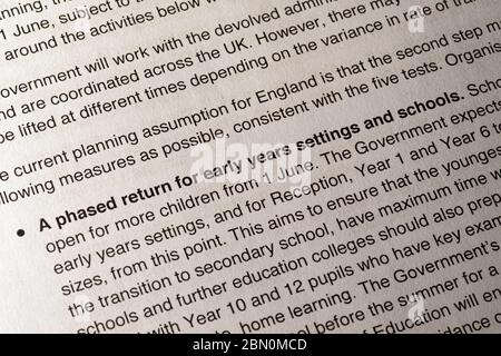 London, UK - May 11th 2020: Return to Schools heading in the document Our Plan To Rebuild - the UK Governments COVID-19 recovery strategy. Stock Photo