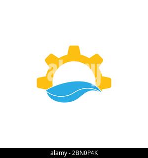 sun and blue wavy cog wheels logo Stock Vector