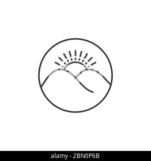 thin lines mountain sun rise circle vintage logo vector Stock Vector