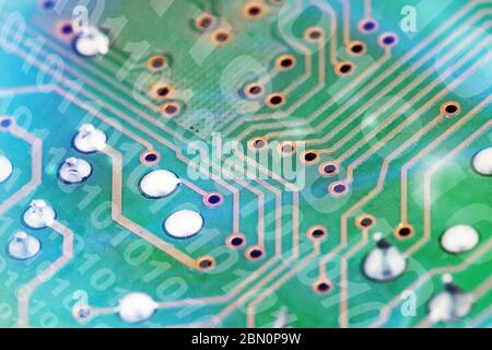Futuristic electronic circuit board with binary code. Network and big data concept, elements of artificial intelligence . Stock Photo