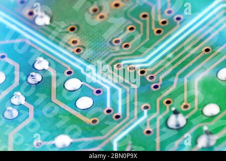 Futuristic electronic circuit board with binary code. Network and big data concept, elements of artificial intelligence . Stock Photo