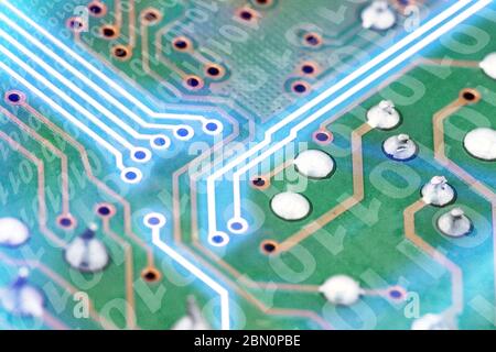 Futuristic electronic circuit board with binary code. Network and big data concept, elements of artificial intelligence . Stock Photo