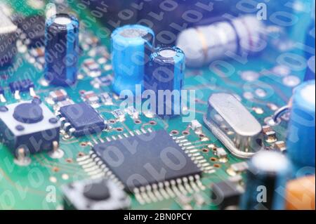 Futuristic electronic circuit board with binary code. Network and big data concept, elements of artificial intelligence . Stock Photo