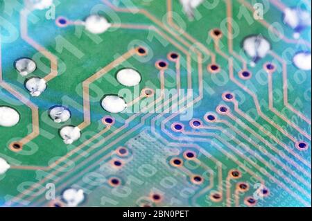 Futuristic electronic circuit board with binary code. Network and big data concept, elements of artificial intelligence . Stock Photo