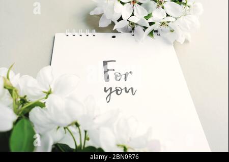 white blank notepad on a spiral with an inscription for you with bouquets of white lush blooming fresh pear flowers on a light gray paper background. Stock Photo