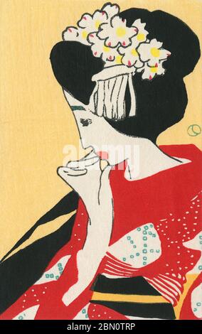 [ 1930s Japan - Apprentice Geisha by Yumeji Takehisa ] —   Profile of a maiko (apprentice geisha), 1930s.  Ukiyoe woodblock print by Japanese artist Yumeji Takehisa (竹久 夢二, 1884–1934). The print featured in a set of 20 small prints called Small Works by Yumeji (夢二小品集, Yumeji Kohin Shu).  Yumeji's dreamy girls became a cultural icon of the 1920s and 1930s.  20th century vintage Ukiyoe woodblock print. Stock Photo