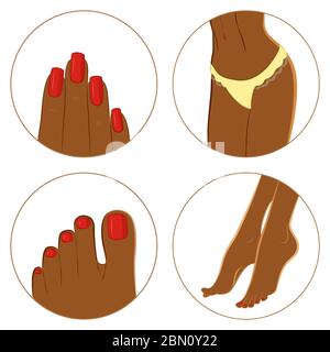Manicure, pedicure and body care vector icon set. Pack of 4 icons for spa procedures. Dark skin female body parts. Isolated on white background Stock Vector
