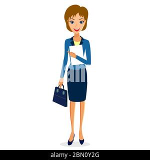 Business woman character vector. Cheerful smiling business woman character with papers and handbag. Woman business character isolated on white backgro Stock Vector