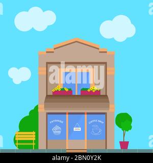 Detailed vintage, old city cartoon building with coffee shop store front. Flat vector illustration patisserie facade Stock Vector